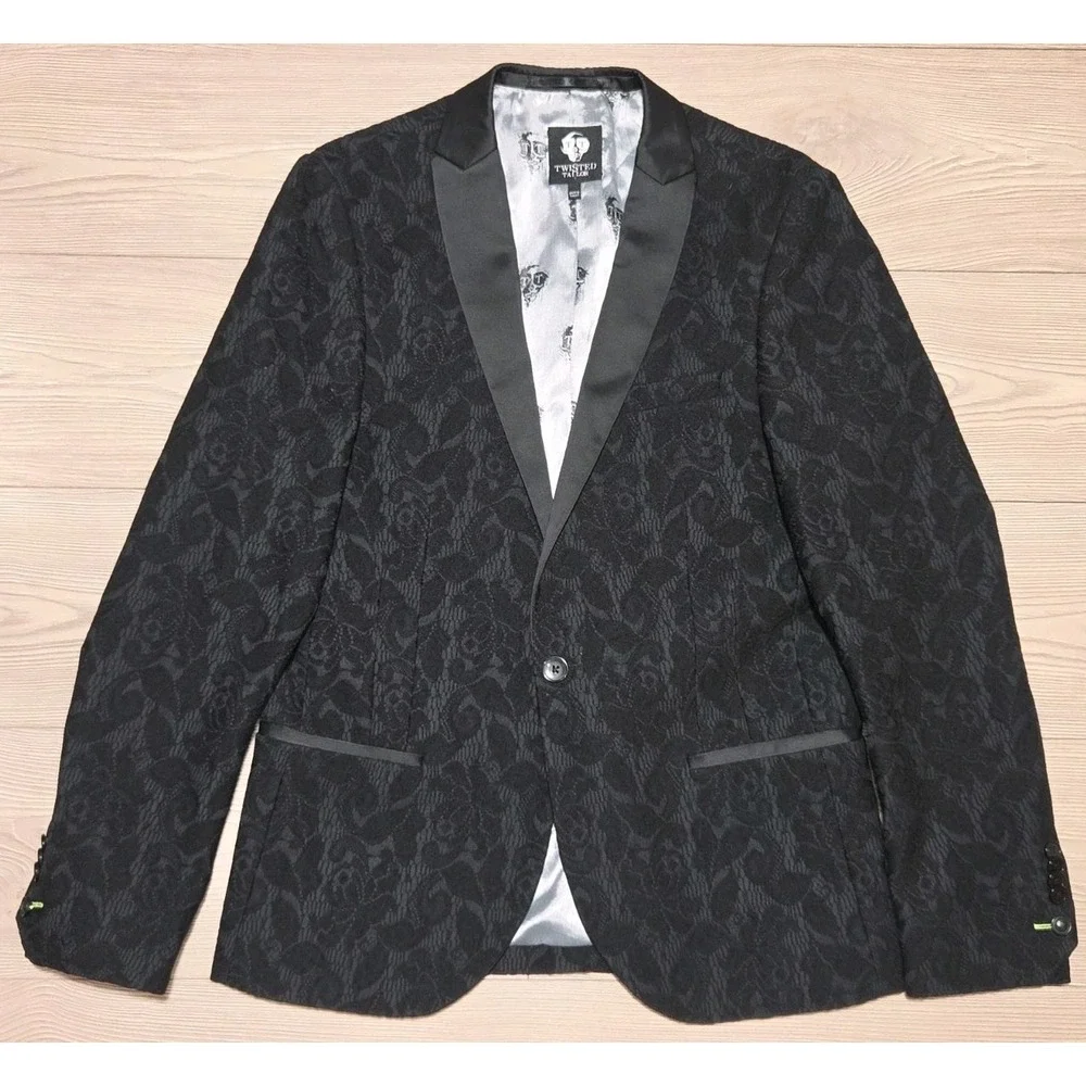 Twisted Tailor Suit Jacket Blazer Floral Mens Size 40 R Serde‎ Grey / Black